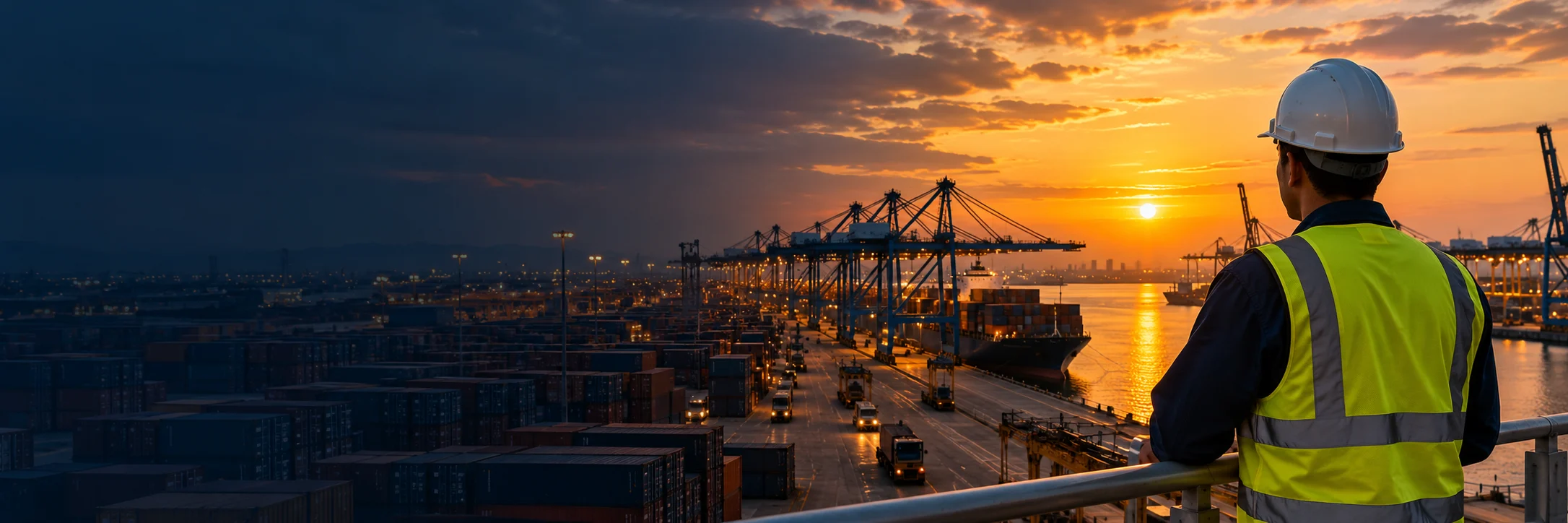 Generated illustration of a port supervisor overlooking a container terminal