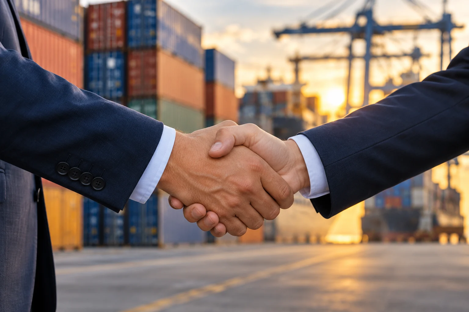 Generated illustration of a business handshake at a container terminal