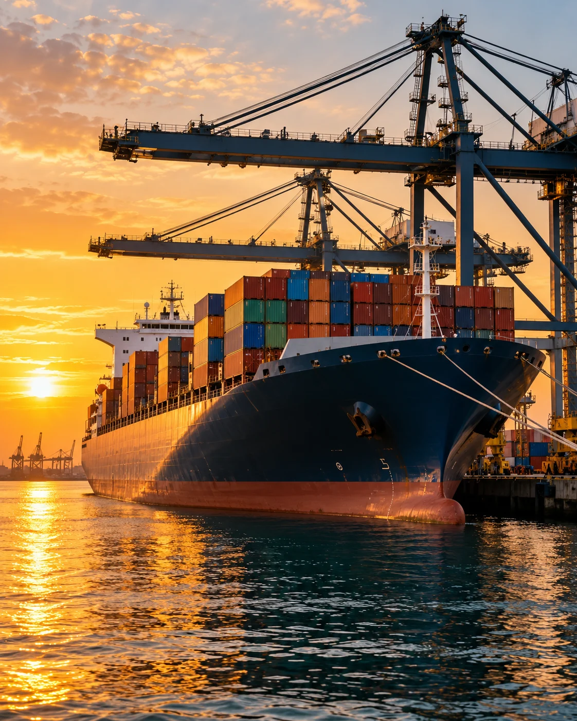 Generated container ship at port at sunset