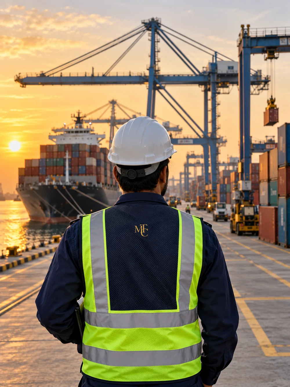 Illustrative MTC port supervisor overlooking containers and cranes
