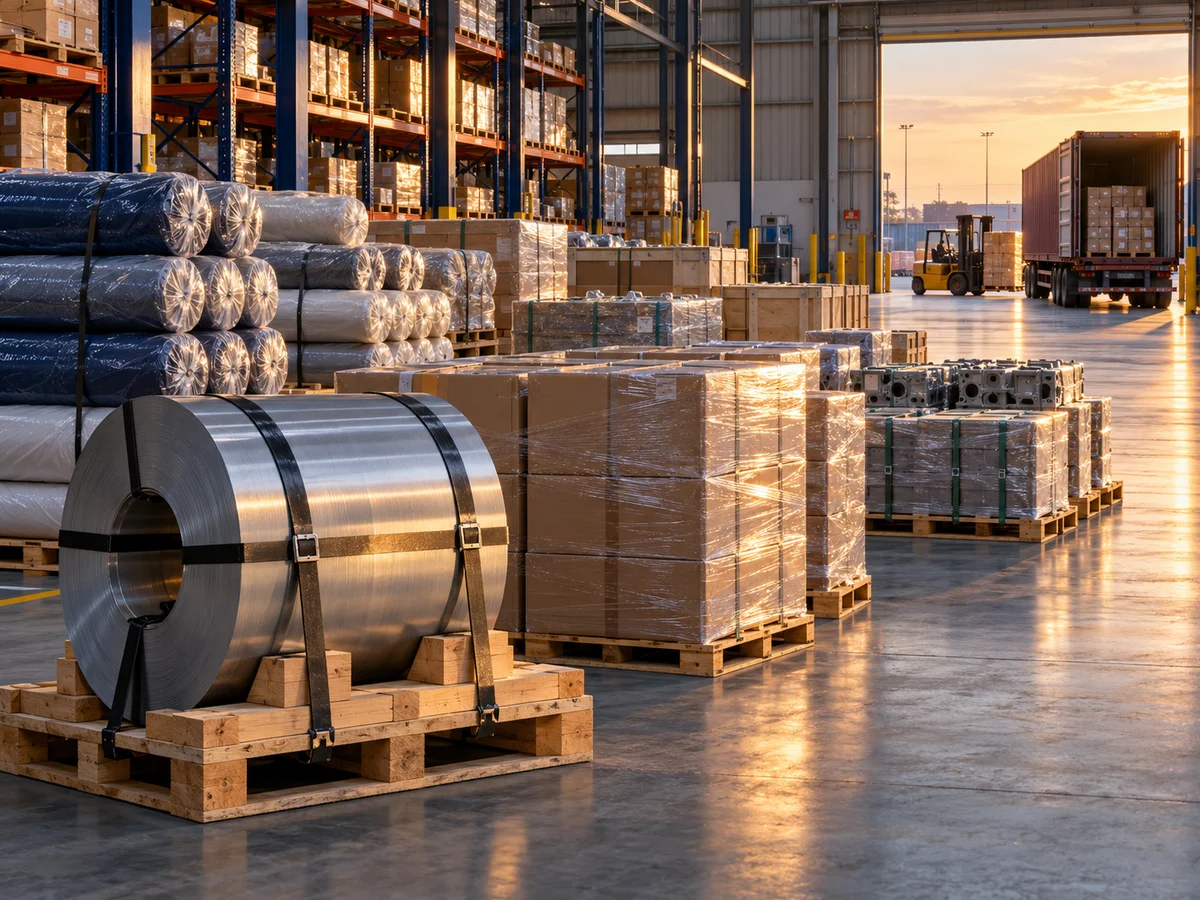 Illustrative organized commercial cargo, textile rolls and industrial goods in a warehouse