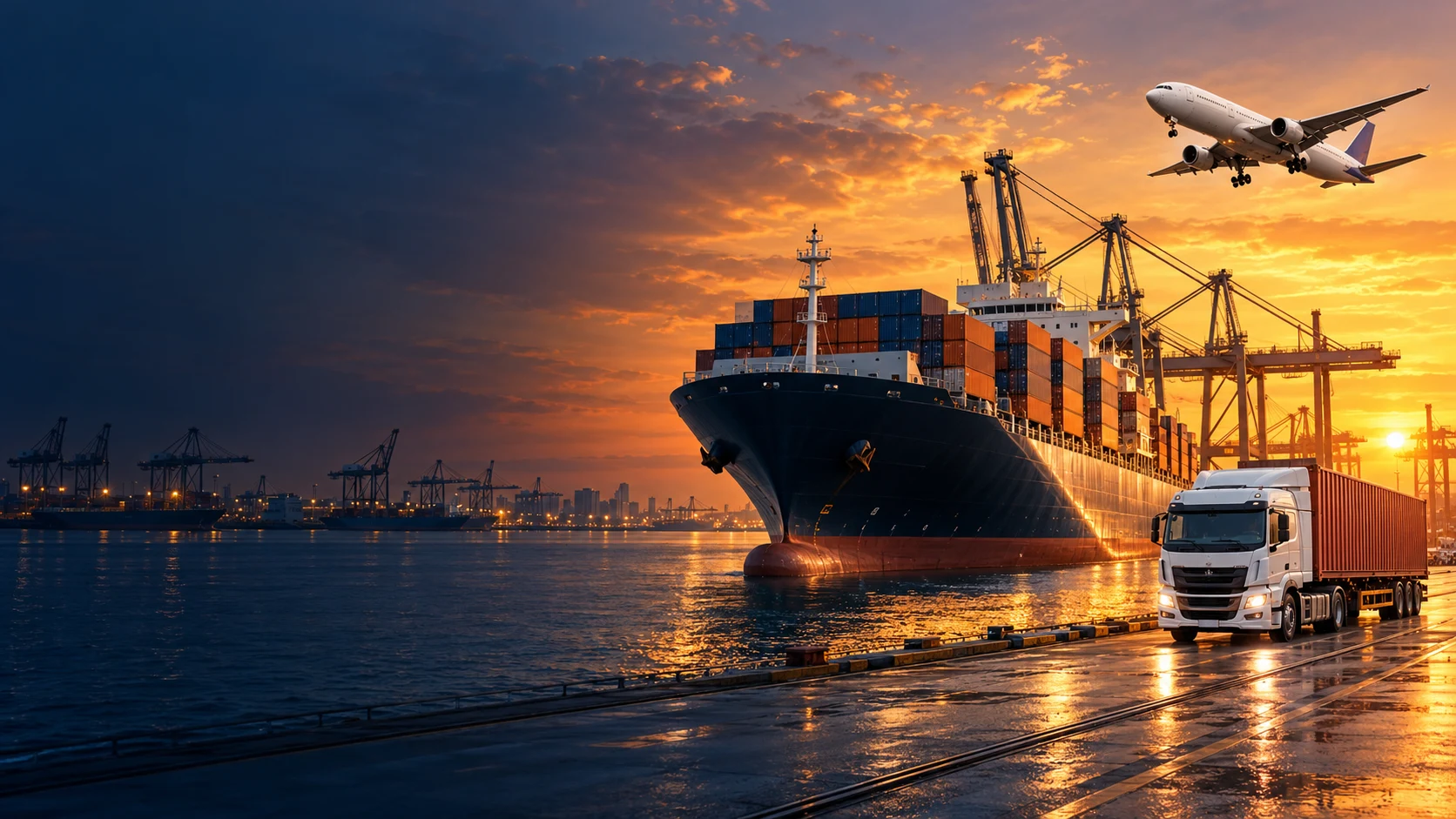Illustrative cargo ship, aircraft and truck at sunset