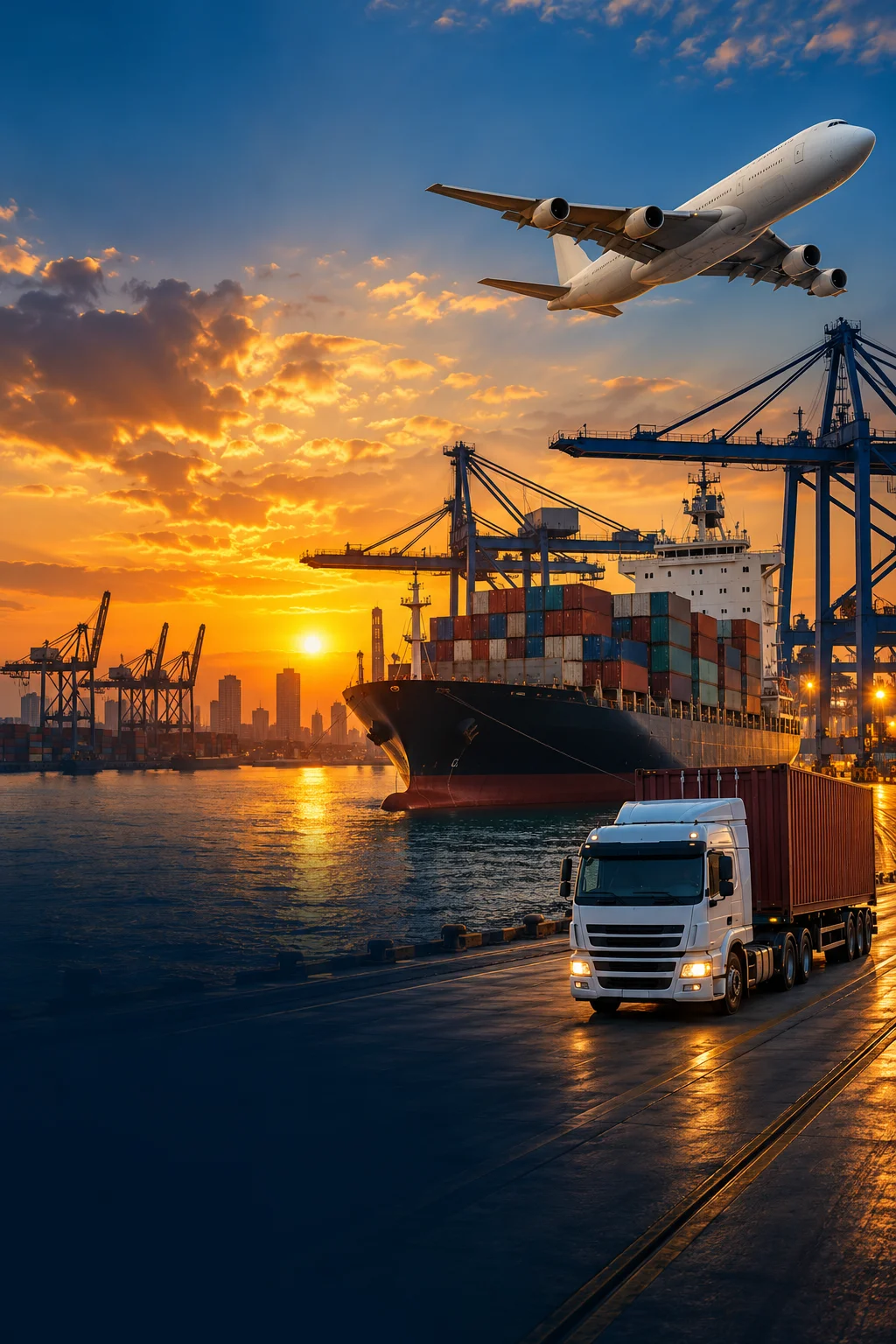 Illustrative logistics scene with a cargo plane, container ship and truck at sunset