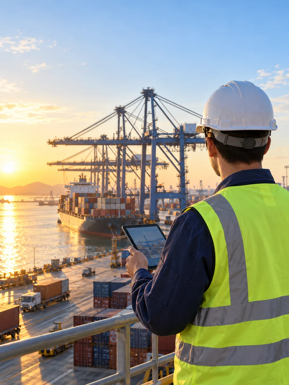 Illustrative port supervisor reviewing shipment information on a tablet