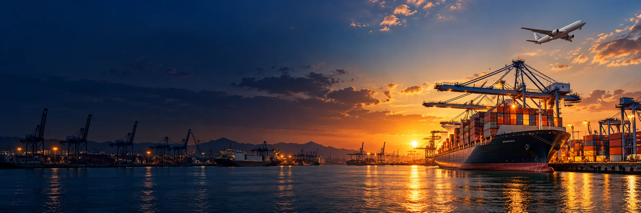 Generated seaport scene with container vessel, cranes and aircraft at sunset