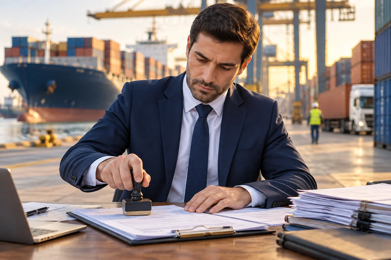 Generated illustration of a professional reviewing and stamping shipping documents