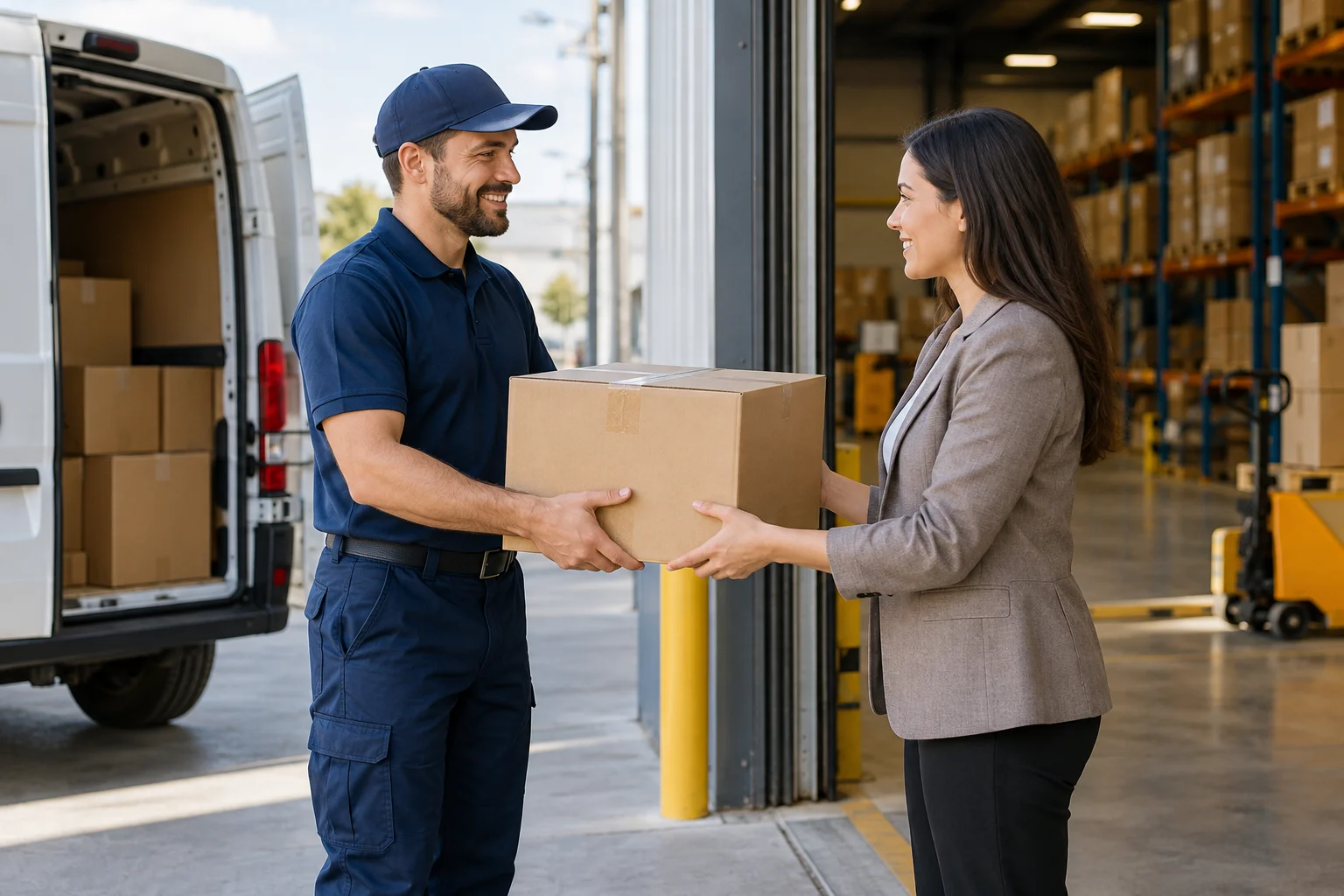 Generated illustration of a logistics driver delivering a carton to a business