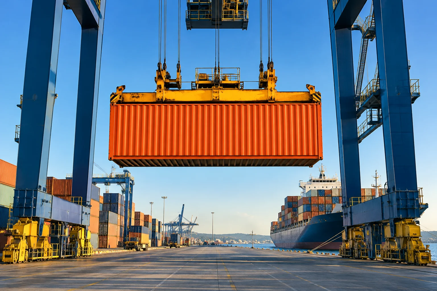 Generated illustration of a crane lifting a shipping container
