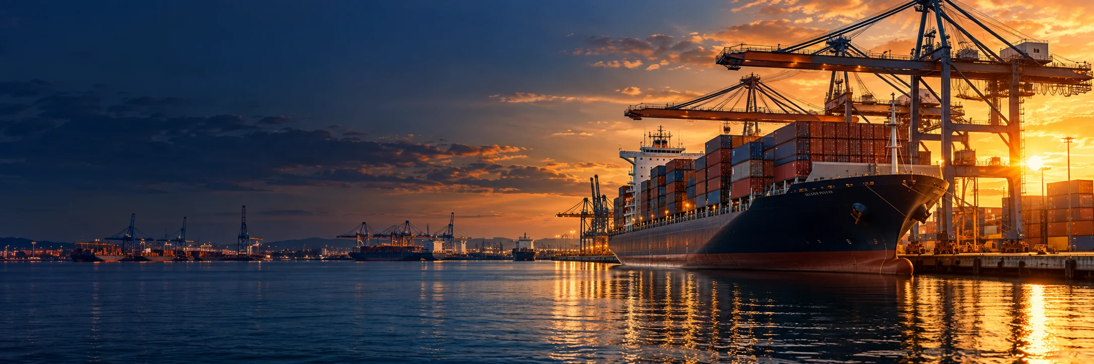 Generated panoramic illustration of a container ship at port at sunset