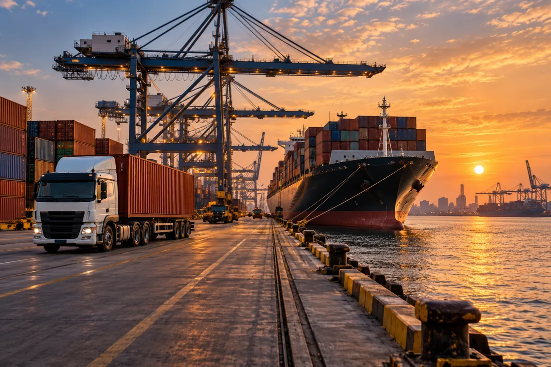 Illustrative port cargo and inland transport scene